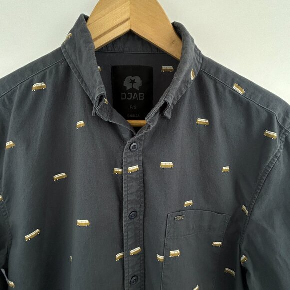 DJAB Men’s navy blue button-down shirt with yellow van print size small - Picture 1 of 8